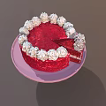 Red Velvet Cake With White Cream Topping On Pink Cake Stand And Sliced Piece