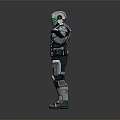 Futuristic Warrior in Silver Black Armor with Green Visor Standing Arms Outstretched