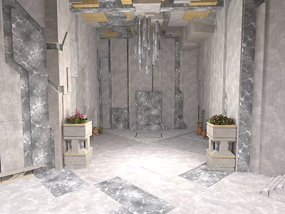Grand Hall Interior With Gray Marble Walls Floor Golden Ceiling Stone Planters And Chandelier 3d model