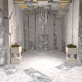Grand Hall Interior With Gray Marble Walls Floor Golden Ceiling Stone Planters And Chandelier