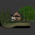 Cartoon Scene Featuring Small House Pine Trees Weeping Willow Pathway And Green Lawn
