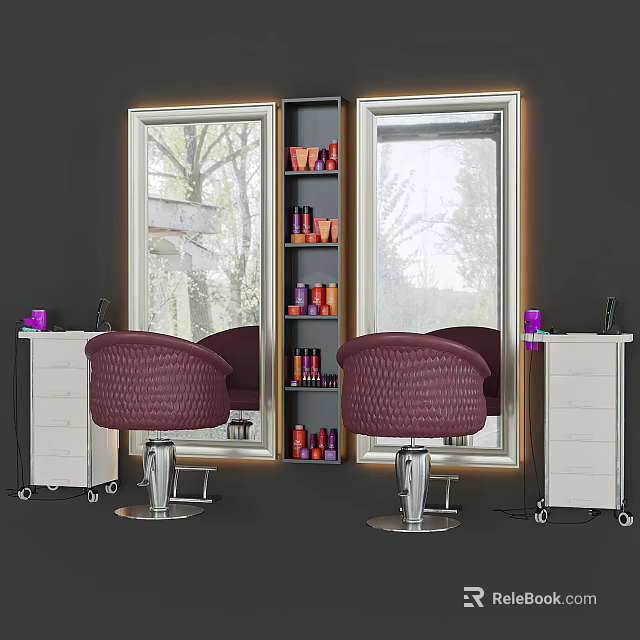 Luxurious Purple Massage Chair With Large Mirrors Cosmetic Shelves And White Cabinets Setup 3d model 