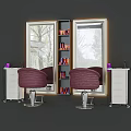 Luxurious Purple Massage Chair With Large Mirrors Cosmetic Shelves And White Cabinets Setup