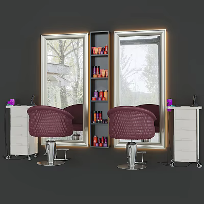 Luxurious Purple Massage Chair With Large Mirrors Cosmetic Shelves And White Cabinets Setup 3d model