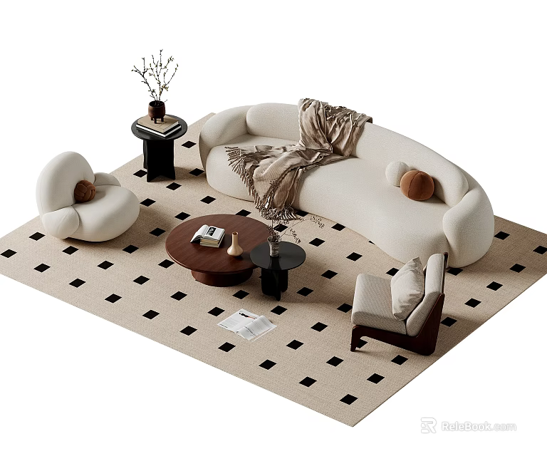 Modern Curved Sofa And Coffee Table Set With Checkerboard Rug Round Pillows And Armchair 3d model 
