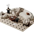 Modern Curved Sofa And Coffee Table Set With Checkerboard Rug Round Pillows And Armchair
