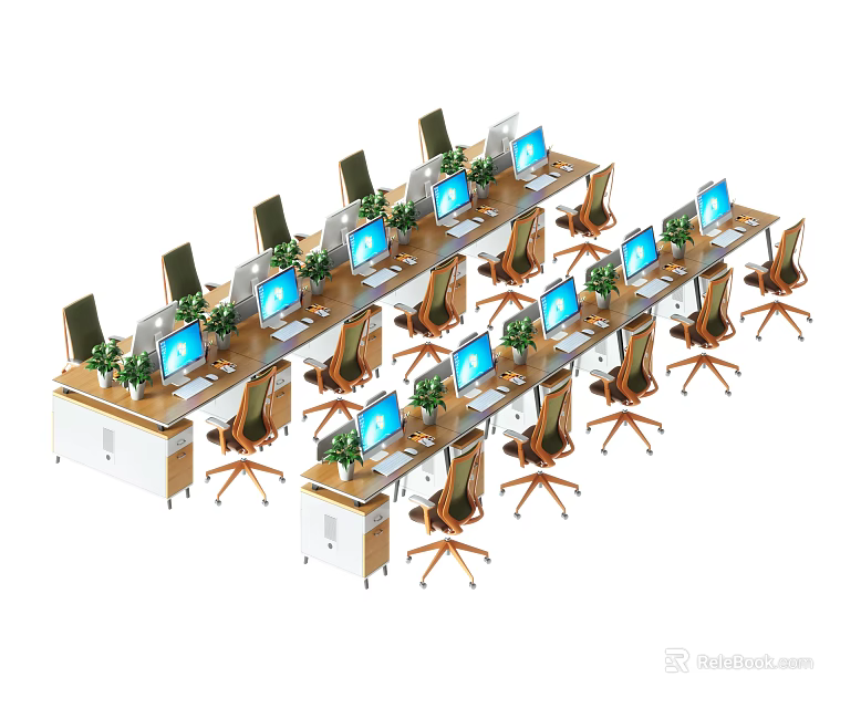 Organized Office Desks With Computer Monitors Green Plants And Ergonomic Chairs 3d model 