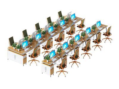Organized Office Desks With Computer Monitors Green Plants And Ergonomic Chairs 3d model