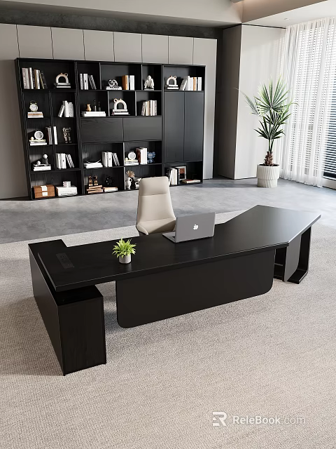 Black Modern Office Desk With Laptop And Small Potted Plant Near Bookshelf And Beige Chair 3d model 