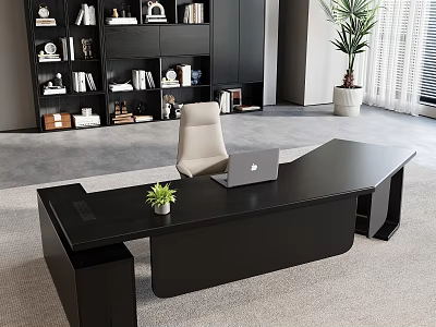 Black Modern Office Desk With Laptop And Small Potted Plant Near Bookshelf And Beige Chair 3d model