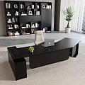 Black Modern Office Desk With Laptop And Small Potted Plant Near Bookshelf And Beige Chair