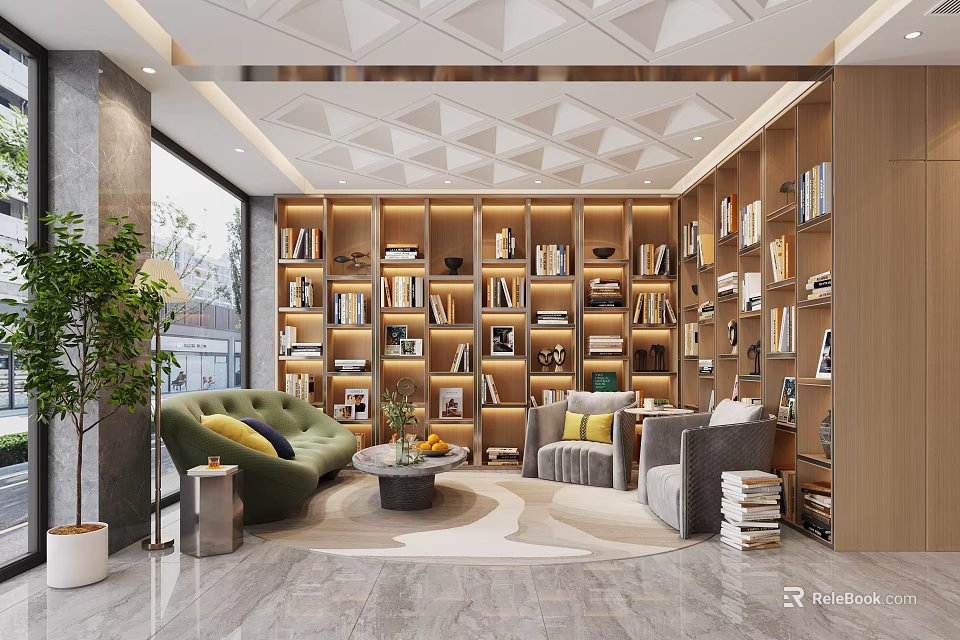Hotel Lobby Interior Featuring Geometric Ceiling Wall of Bookshelves Green Sofa and Gray Armchairs 3d model 
