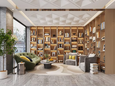 Hotel Lobby Interior Featuring Geometric Ceiling Wall of Bookshelves Green Sofa and Gray Armchairs 3d model