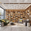 Hotel Lobby Interior Featuring Geometric Ceiling Wall of Bookshelves Green Sofa and Gray Armchairs