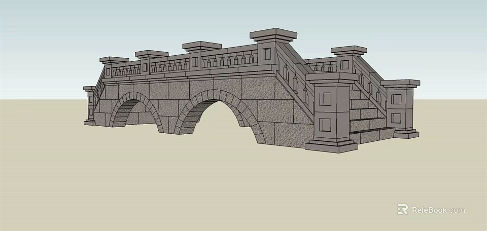 Classic Stone Arch Landscape Bridge Featuring Ornamental Railings And Stone Steps 3d model 