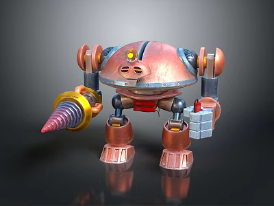 Copper Metallic Robot With Mechanical Arms Cone Weapon And Detailed Leg Structure 3d model