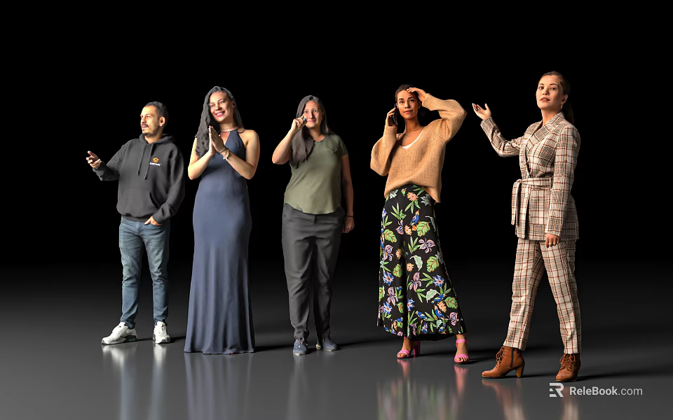 Group of Five People With Different Poses And Various Casual Elegant Clothing Styles 3d model 