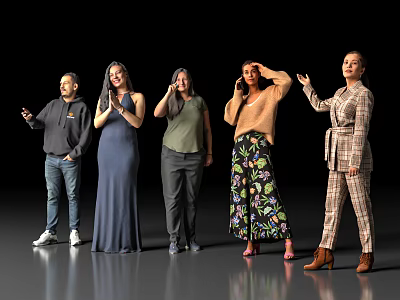 Group of Five People With Different Poses And Various Casual Elegant Clothing Styles 3d model