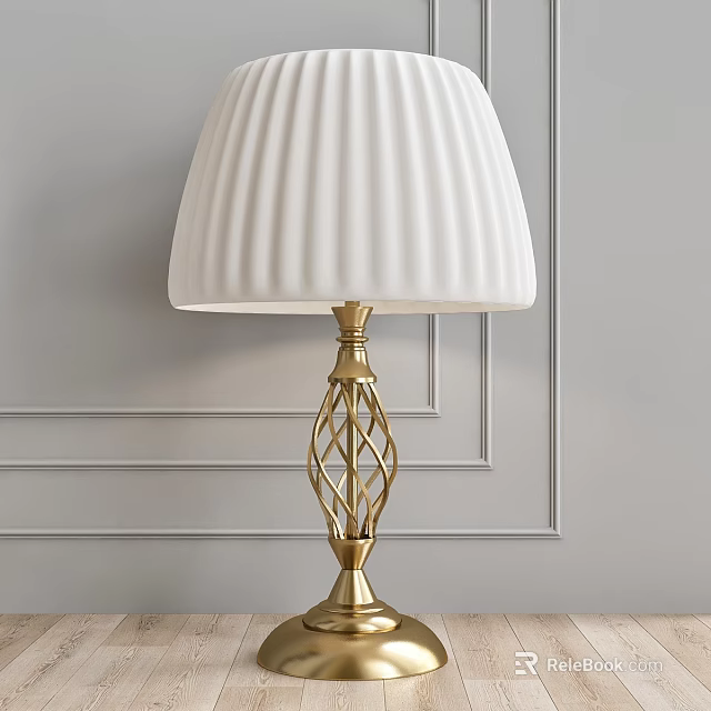 White Pleated Shade Table Lamp With Gold Geometric Openwork Stand Against Light Gray Wall 3d model 