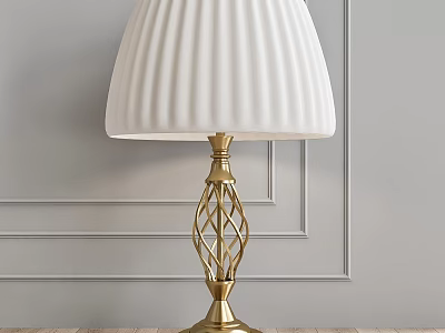 White Pleated Shade Table Lamp With Gold Geometric Openwork Stand Against Light Gray Wall 3d model