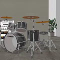 Complete Drum Set With Music Stand Sheet Music And Green Plant Near Gray Wall