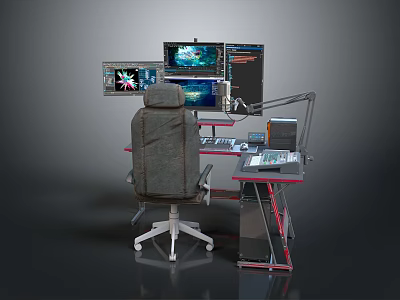 Ergonomic Office Chair And Red Computer Desk With Multiple Monitors Setup 3d model