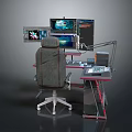 Ergonomic Office Chair And Red Computer Desk With Multiple Monitors Setup 3d model