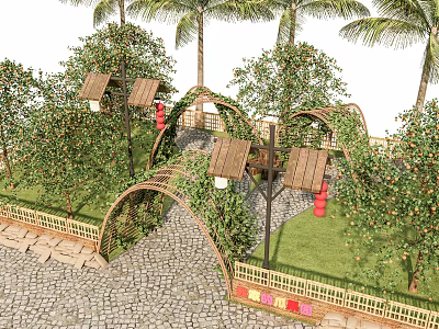 Rural Landscape Featuring Bamboo Grove Stone Path Lanterns and Green Plants 3d model