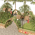 Rural Landscape Featuring Bamboo Grove Stone Path Lanterns and Green Plants