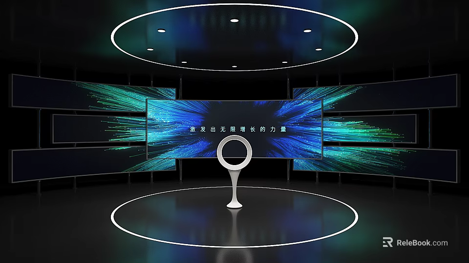 Circular Stage With Central White Ring Installation And Background Green Blue Light Effects 3d model