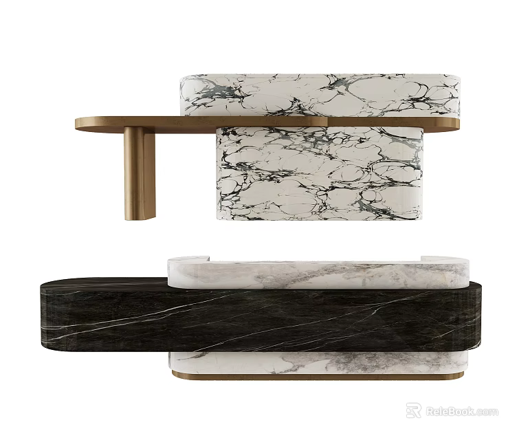 Modern Luxury Sofa Bench With Black And White Marble Design And Gold Frame 3d model 