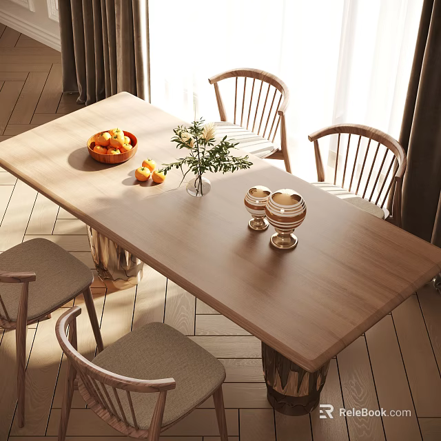 Minimalist Wooden Dining Table Set with Four Chairs Fruit Basket Vase Flowers and Candle Holders 3d model 