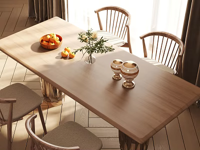 Minimalist Wooden Dining Table Set with Four Chairs Fruit Basket Vase Flowers and Candle Holders 3d model
