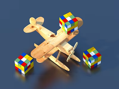 Wooden Airplane Model With Colorful Rubik's Cubes On Dark Surface 3d model