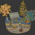 Cartoon Scene With Wooden Cabin Thatched Roof Red Door Yellow Truck And Orange Leaf Trees