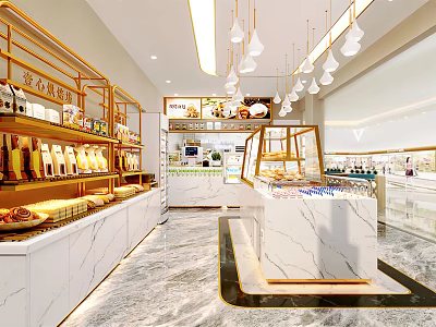 Modern Bright Dessert Shop Interior With Marble Display Counter And Glass Cases 3d model