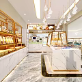 Modern Bright Dessert Shop Interior With Marble Display Counter And Glass Cases