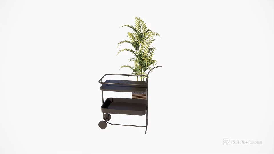 Commercial Utility Cart With Two Tier Shelves Mobile Wheels And Potted Plant 3d model 