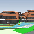 Modern Architectural Complex 3D Model with Water Bodies and Green Areas