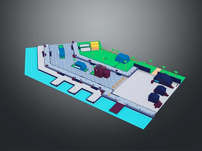 3D Site Layout Design With Lawn Water Area Buildings Paved Areas And Facilities 3d model