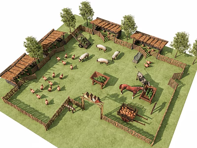 Garden Landscape With Wooden Fence Sheep Chickens Horse Trees and Vegetable Plots 3d model