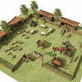 Garden Landscape With Wooden Fence Sheep Chickens Horse Trees and Vegetable Plots