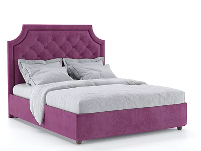 Modern Purple Tufted Headboard Double Bed With Gray Bedding And Sheets 3d model