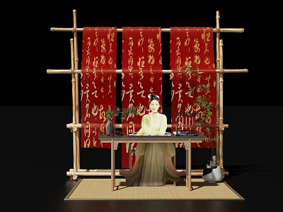 Traditional Ancient Chinese Scene With Hanfu Woman Red Calligraphy Scrolls Bamboo Frame And Greenery 3d model