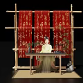 Traditional Ancient Chinese Scene With Hanfu Woman Red Calligraphy Scrolls Bamboo Frame And Greenery