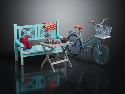 Vintage Bicycle With Basket Next To Light Blue Bench Foldable Table Bread And Lantern 3d model