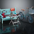 Vintage Bicycle With Basket Next To Light Blue Bench Foldable Table Bread And Lantern