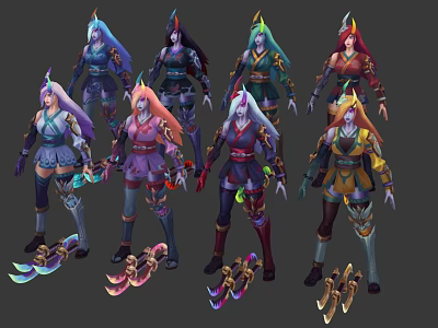 Multiple Detailed Game Characters With Colorful Costumes And Unique Weapons 3d model