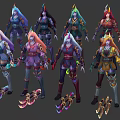 Multiple Detailed Game Characters With Colorful Costumes And Unique Weapons