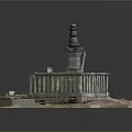 Detailed Ancient Stone Tower Structure With Pedestal Base And Surrounding Fence